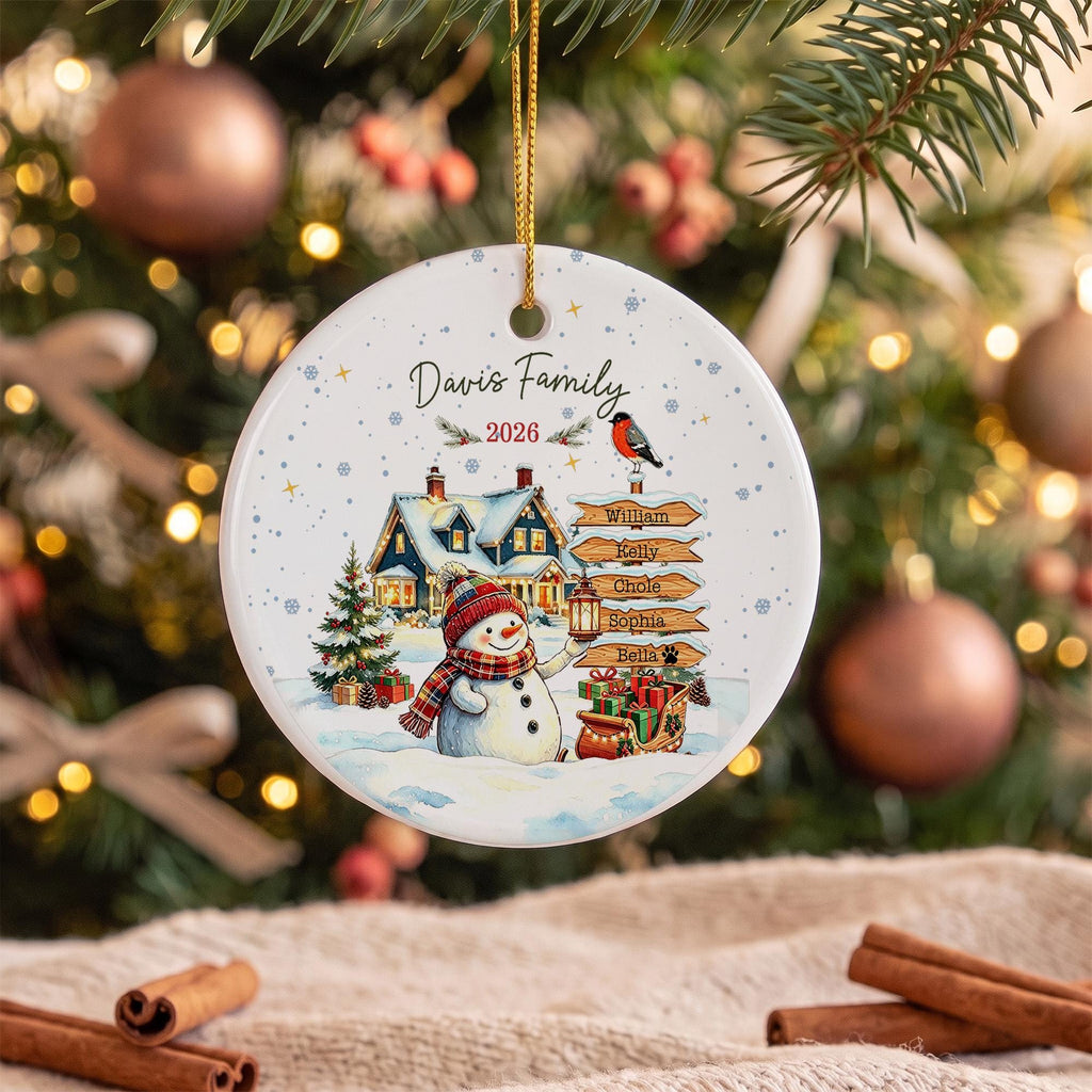 Personalized Christmas Ornament, Custom Family Name Snowman Ornament, Family Christmas Tree Decor, Holiday Keepsake Gift, Ceramic Ornament