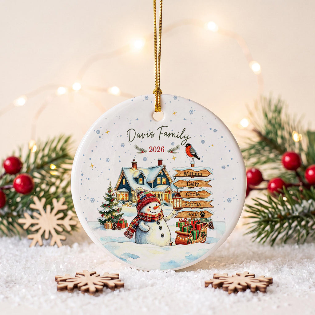 Personalized Christmas Ornament, Custom Family Name Snowman Ornament, Family Christmas Tree Decor, Holiday Keepsake Gift, Ceramic Ornament