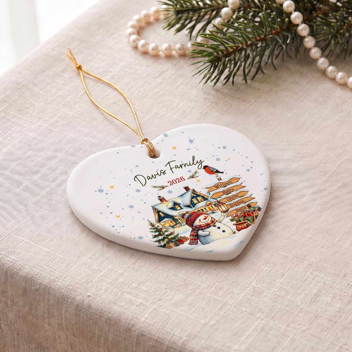 Personalized Christmas Ornament, Custom Family Name Snowman Ornament, Family Christmas Tree Decor, Holiday Keepsake Gift, Ceramic Ornament
