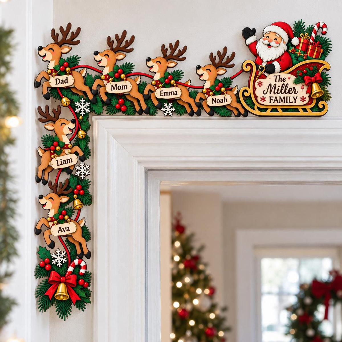 May include: A wooden Christmas door corner decoration featuring Santa Claus in a sleigh and six reindeer. The sleigh displays the text The Miller FAMILY. Each reindeer carries a name tag labeled Dad, Mom, Emma, Noah, Liam, and Ava. Decorated with green pine branches, red berries, gold bells, and white snowflakes.
