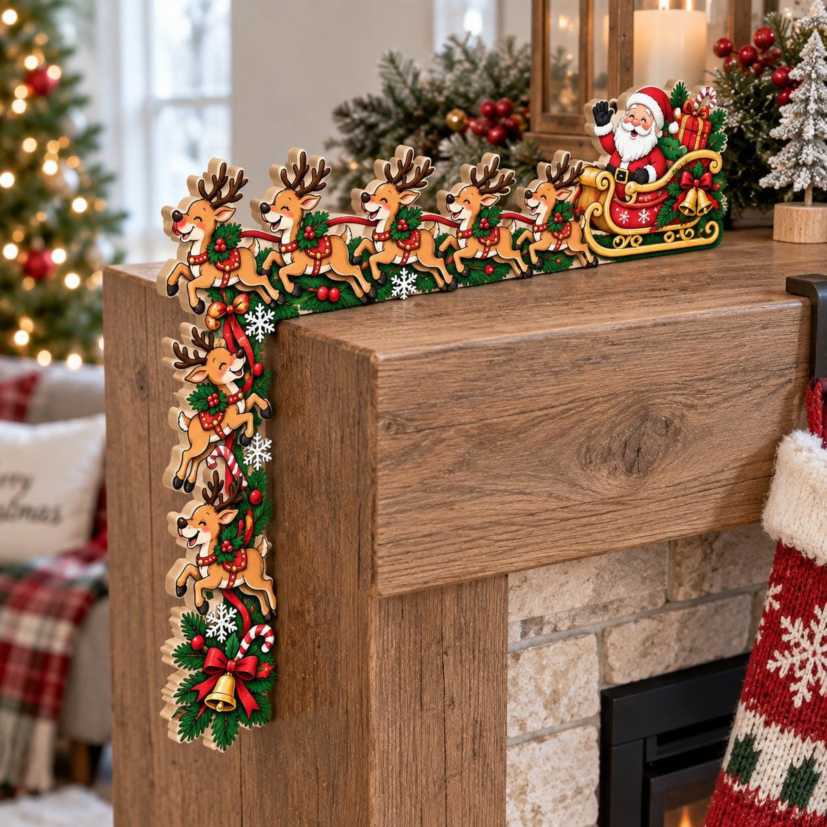 May include: A wooden Christmas mantel corner decoration featuring a line of five reindeer pulling a sleigh with Santa Claus. The design includes green pine garlands, red ribbons, white snowflakes, candy canes, and a gold bell, all in a festive style.