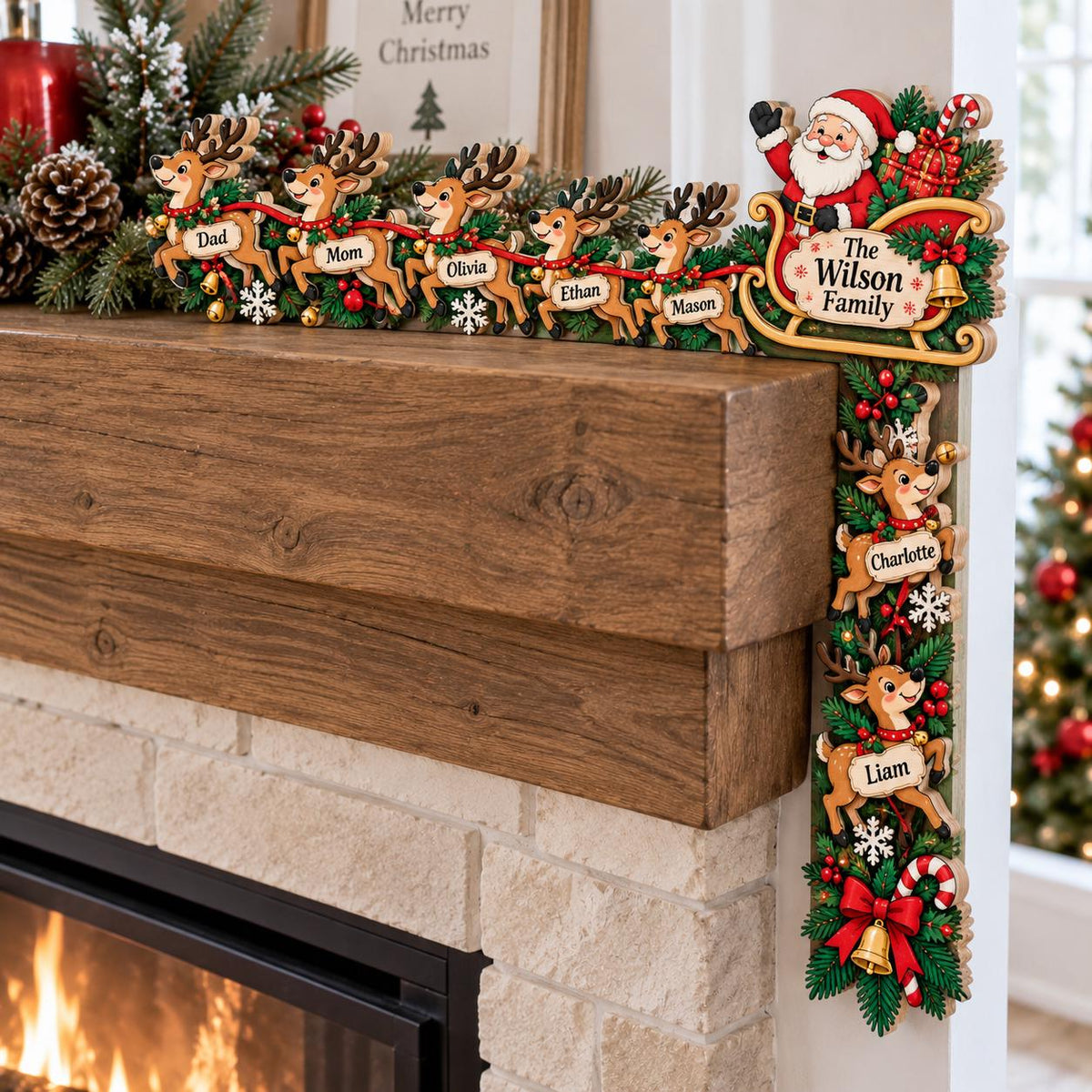 May include: A wooden Christmas mantel corner decoration featuring Santa Claus in a sleigh and a team of reindeer. The sleigh is labeled The Wilson Family, and the reindeer carry name tags for Dad, Mom, Olivia, Ethan, Mason, Charlotte, and Liam.