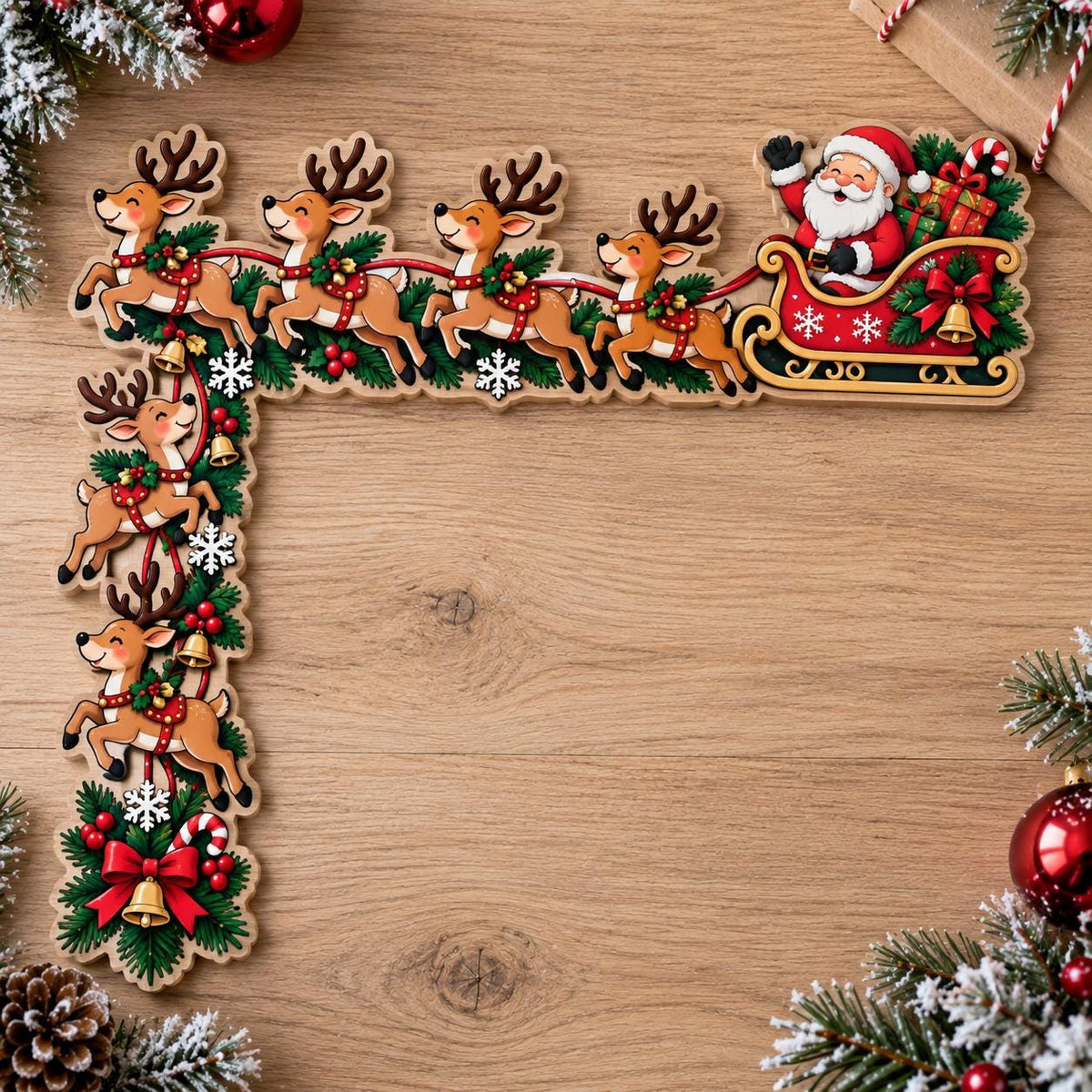 May include: A wooden L-shaped Christmas door frame decoration featuring Santa Claus in a red sleigh pulled by six brown reindeer. The design includes green pine branches, red berries, gold bells, white snowflakes, and a red bow with a candy cane.