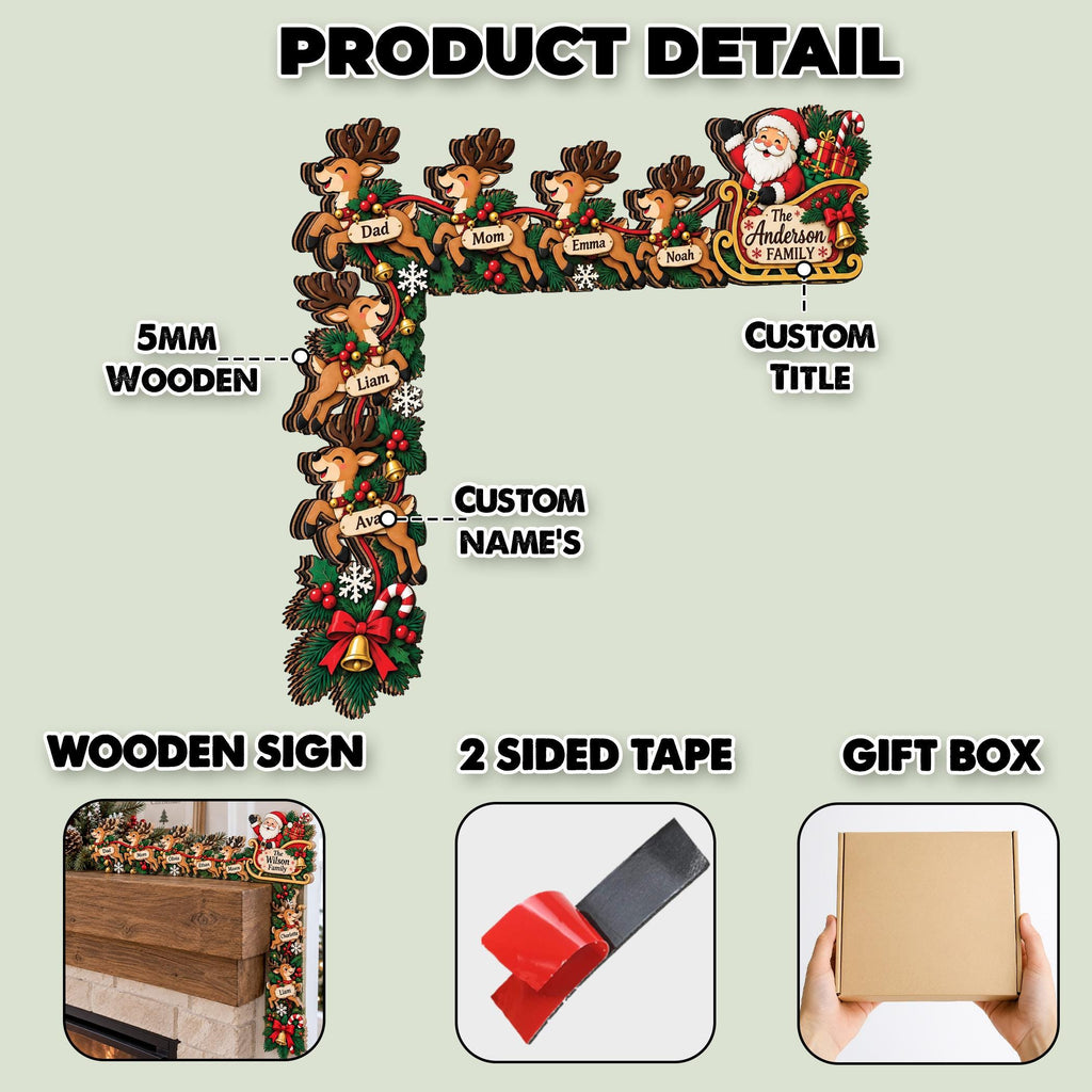 May include: A 5mm wooden corner sign featuring a Santa Claus sleigh and reindeer with custom names and a family title. The set includes 2-sided tape and a gift box. The design displays green pine branches, red bows, gold bells, and snowflakes.