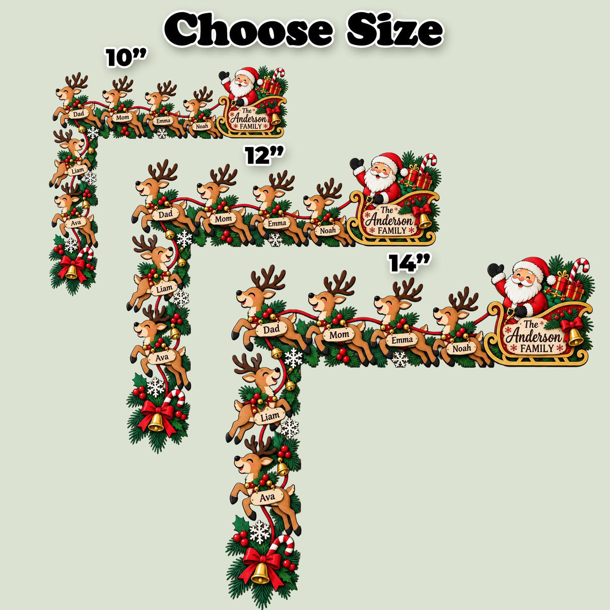 May include: Three L-shaped Christmas door corner decorations in 10-inch, 12-inch, and 14-inch sizes. Each features Santa in a sleigh, reindeer with name tags, pine branches, red berries, candy canes, and bells. The sleigh reads The Anderson Family.