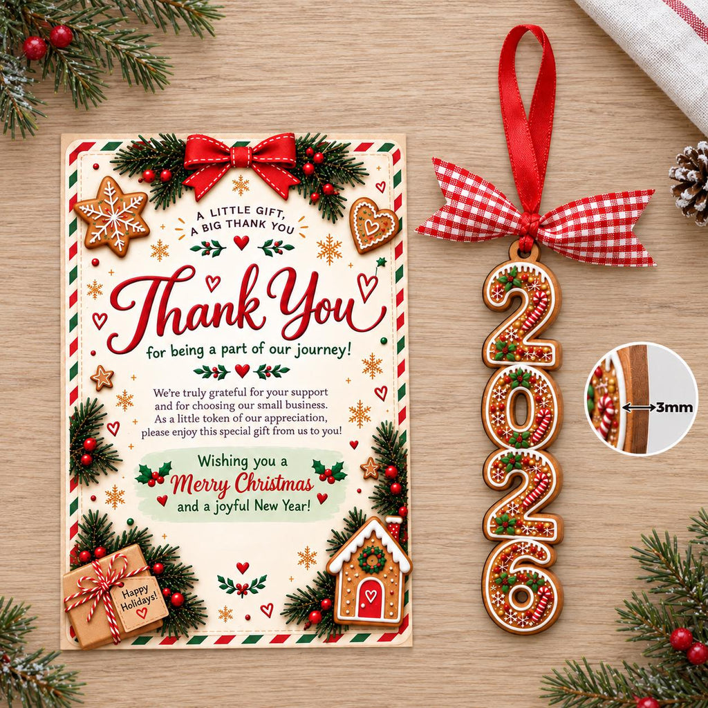 May include: A rectangular thank you card with Christmas-themed illustrations and a vertical wooden ornament shaped like the number 2026. The ornament features a red and white gingham ribbon and a 3mm thickness indicator shown in a circular inset.