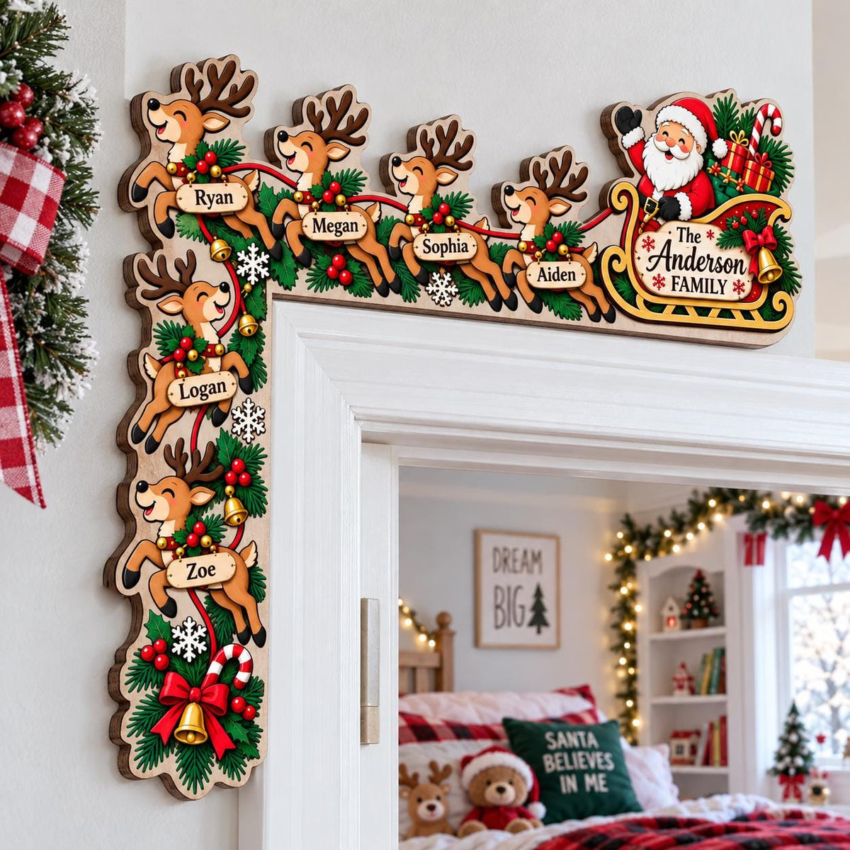 May include: A wooden Christmas door corner sign featuring Santa Claus in a sleigh and six reindeer. Each reindeer has a name tag: Ryan, Megan, Sophia, Aiden, Logan, and Zoe. The sleigh is labeled The Anderson Family. Decorated with pine and bells.