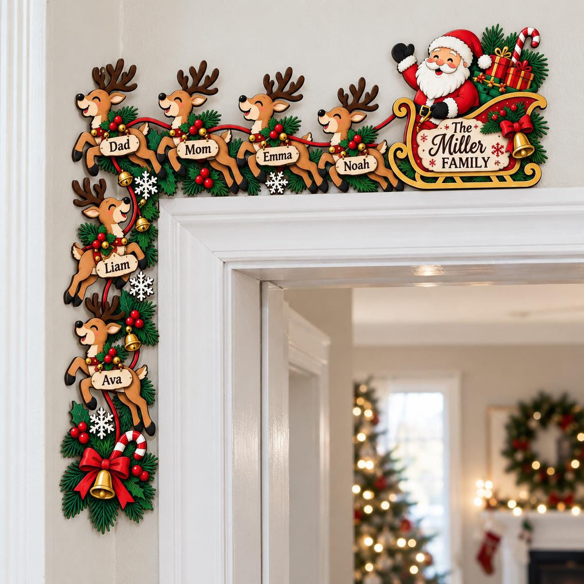 May include: A wooden Christmas door corner decoration featuring Santa Claus in a sleigh and six reindeer. Each reindeer carries a name tag labeled Dad, Mom, Emma, Noah, Liam, and Ava. The sleigh is inscribed with The Miller FAMILY.