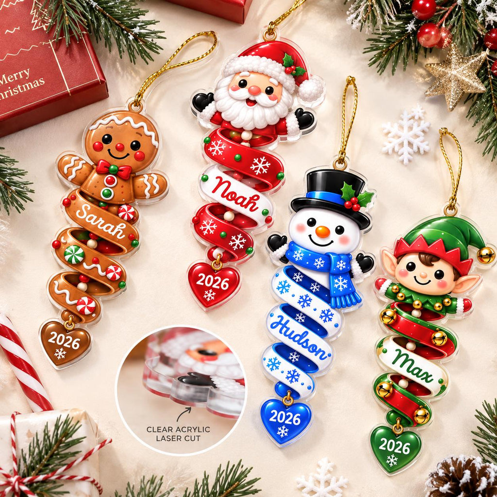 Personalized Christmas Spiral Ornament, Custom Kids Name 2D Flat Acrylic Ornament, Stocking Tag for Christmas, Kids Christmas Gift