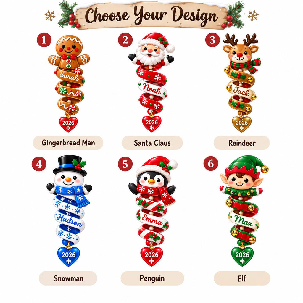 Personalized Christmas Spiral Ornament, Custom Kids Name 2D Flat Acrylic Ornament, Stocking Tag for Christmas, Kids Christmas Gift