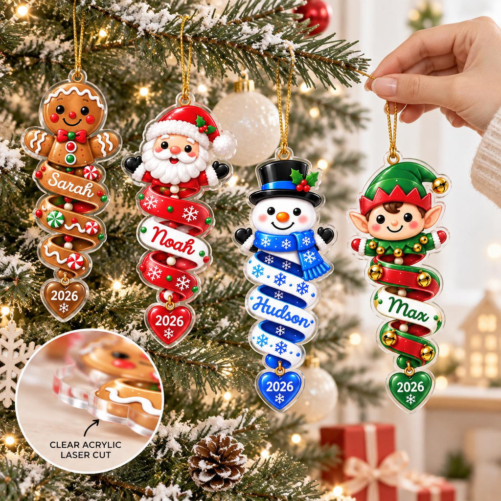 Personalized Christmas Spiral Ornament, Custom Kids Name 2D Flat Acrylic Ornament, Stocking Tag for Christmas, Kids Christmas Gift
