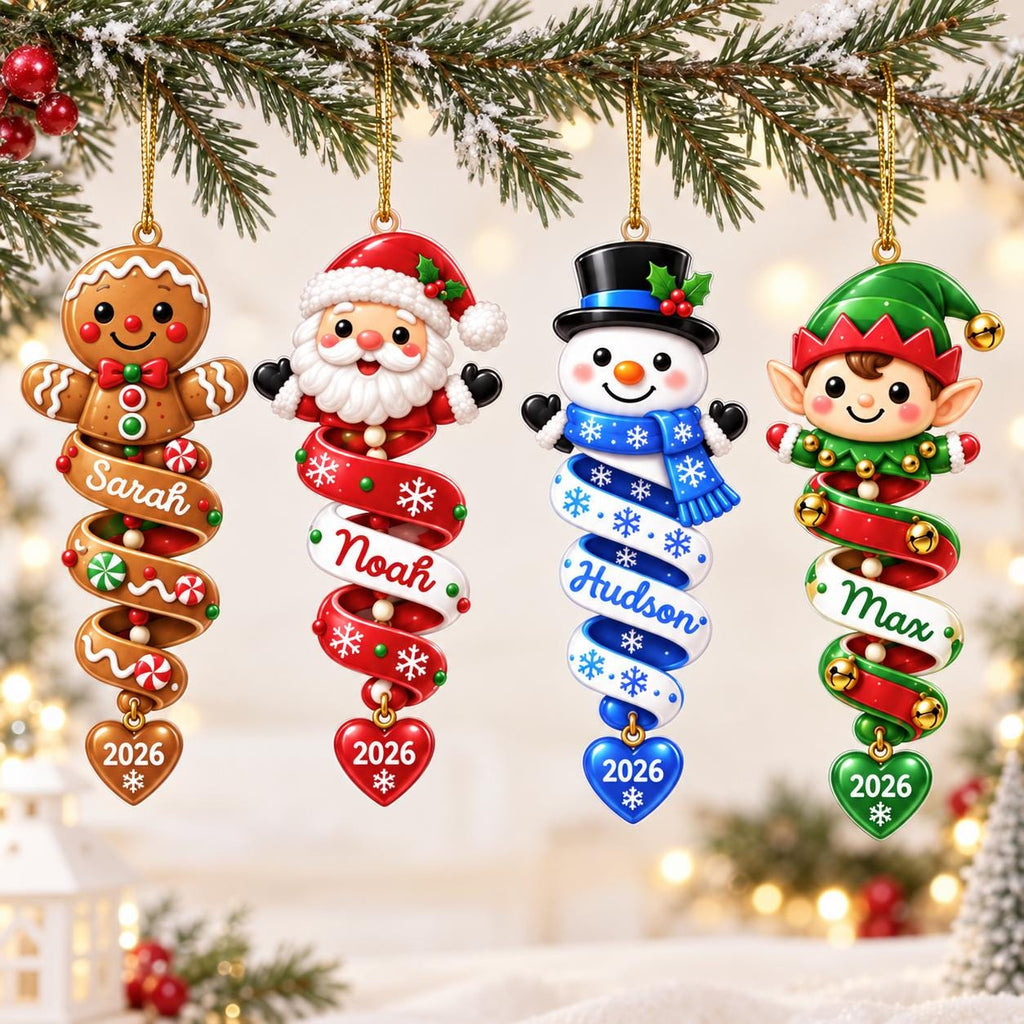 Personalized Christmas Spiral Ornament, Custom Kids Name 2D Flat Acrylic Ornament, Stocking Tag for Christmas, Kids Christmas Gift image 1