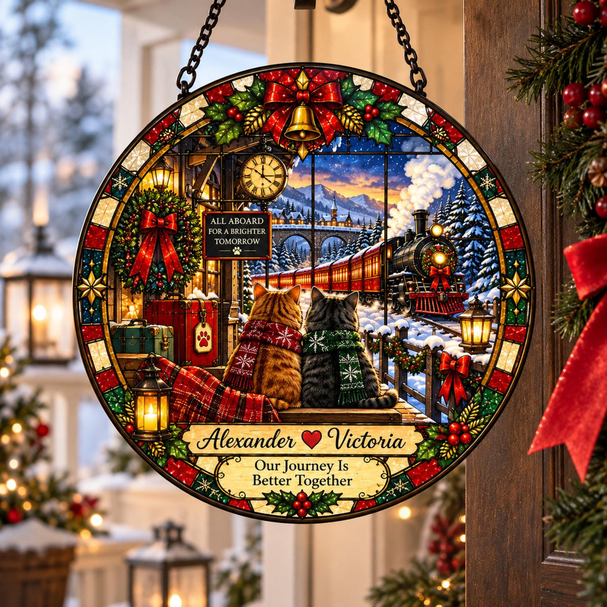 May include: A circular stained-glass style hanging sign featuring two cats wearing scarves, a steam train, and a snowy landscape. The text reads: All Aboard For A Brighter Tomorrow, Alexander, Victoria, and Our Journey Is Better Together.