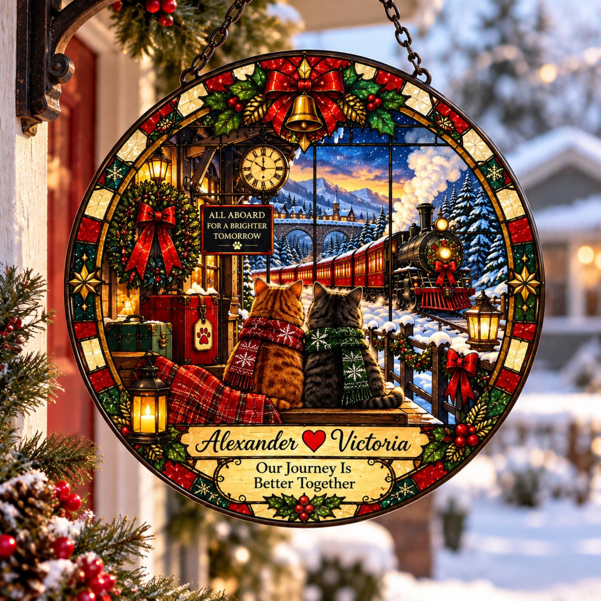 May include: A round hanging sign with a stained-glass style print featuring two cats in scarves sitting before a steam train in a snowy landscape. The text reads: All Aboard For A Brighter Tomorrow, Alexander, Victoria, and Our Journey Is Better Together.