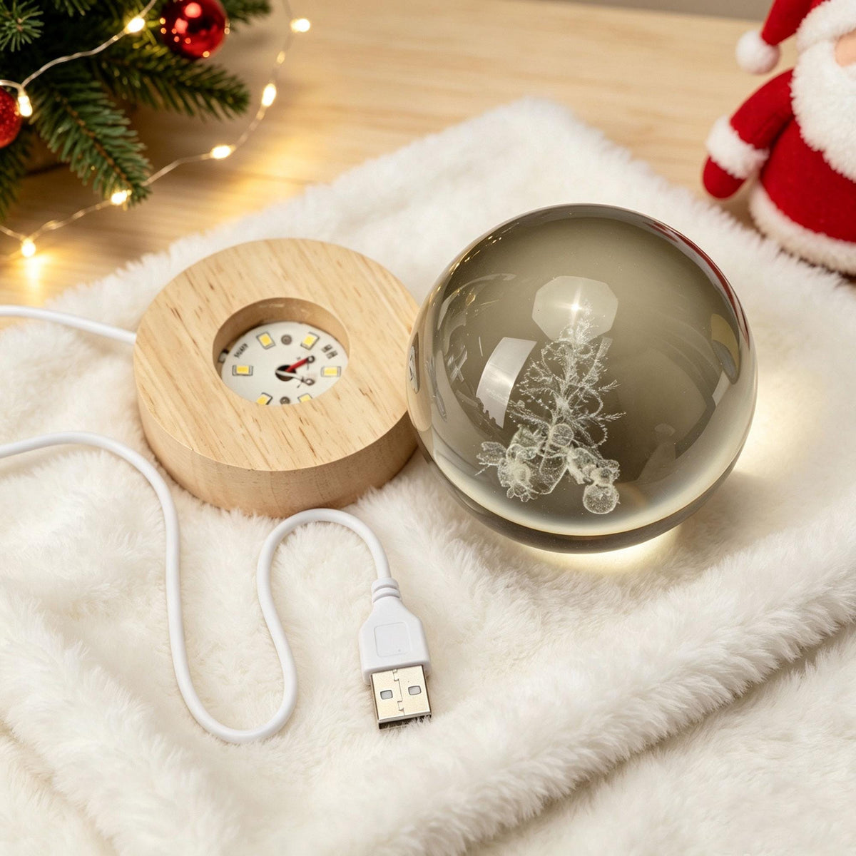 May include: A clear glass sphere featuring an internal laser-etched Christmas tree design, paired with a round light-colored wooden base containing a circular LED light component and a white USB power cable for illumination purposes.
