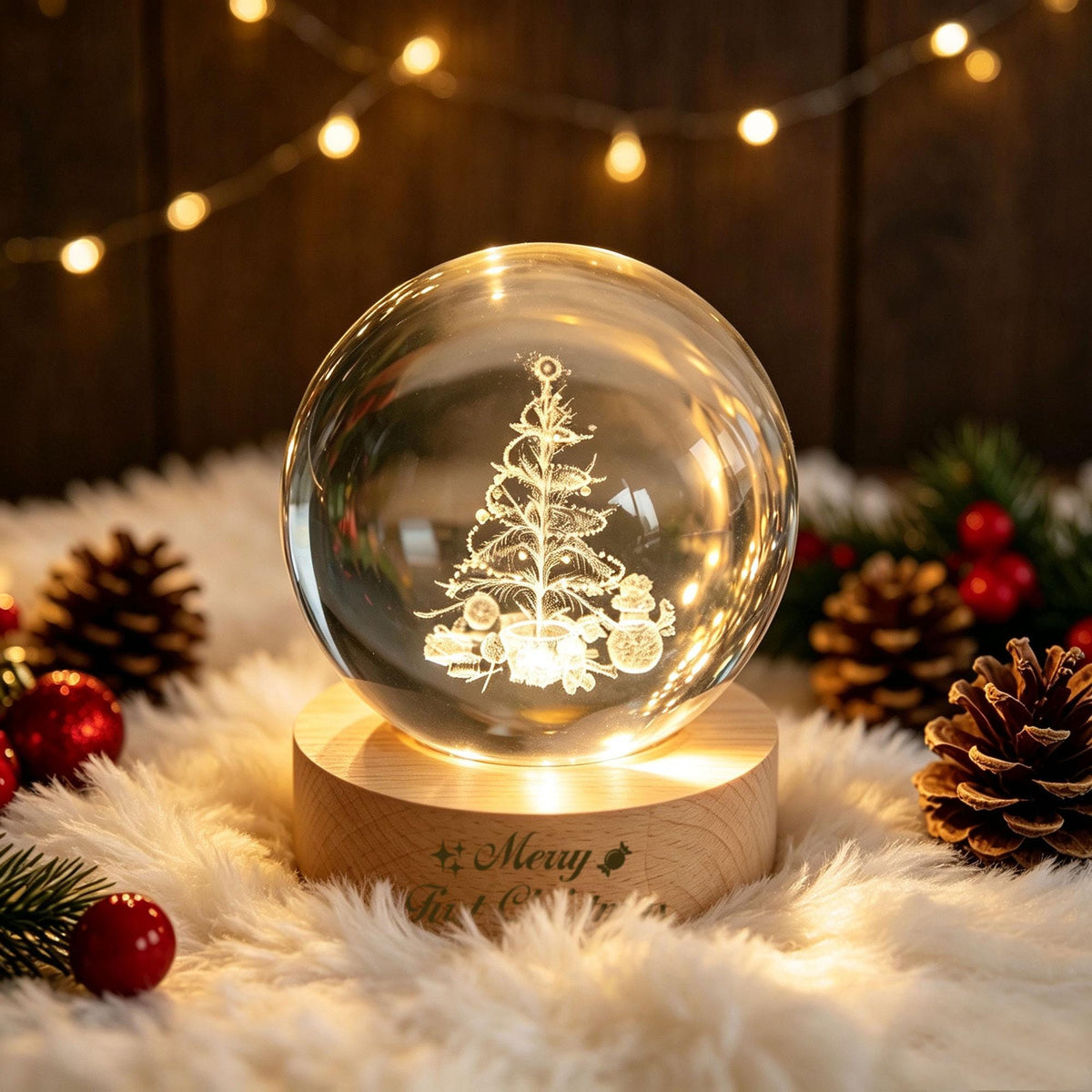 May include: A clear glass sphere ornament featuring an internal laser-etched design of a Christmas tree and a snowman. The sphere rests on a round light-colored wooden base with the engraved text Merry Christmas and small star icons.