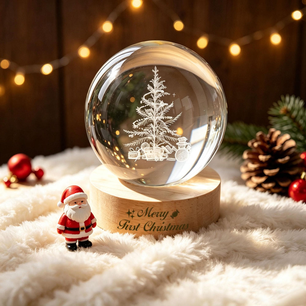 May include: A clear glass sphere featuring an etched Christmas tree design, mounted on a round wooden base with the engraved text Merry First Christmas. A small Santa Claus figurine stands next to the base on a white textured surface.