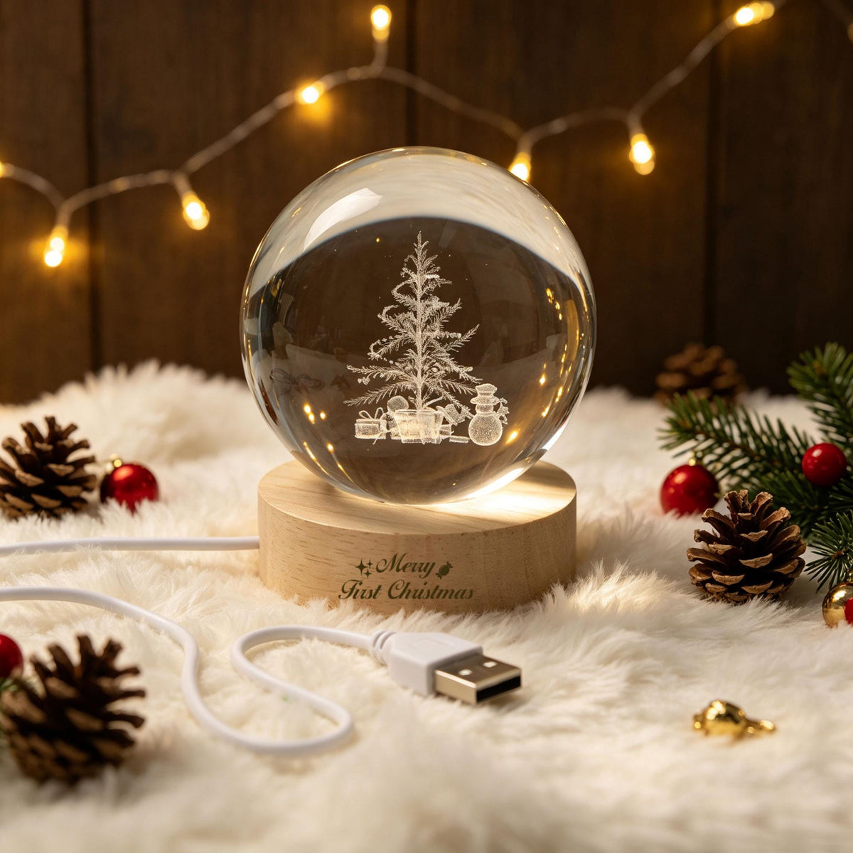 May include: A clear glass sphere featuring an internal laser-etched Christmas tree, gifts, and a snowman. The sphere rests on a round light-colored wooden base with the text Merry First Christmas engraved on the front and a white USB power cord.