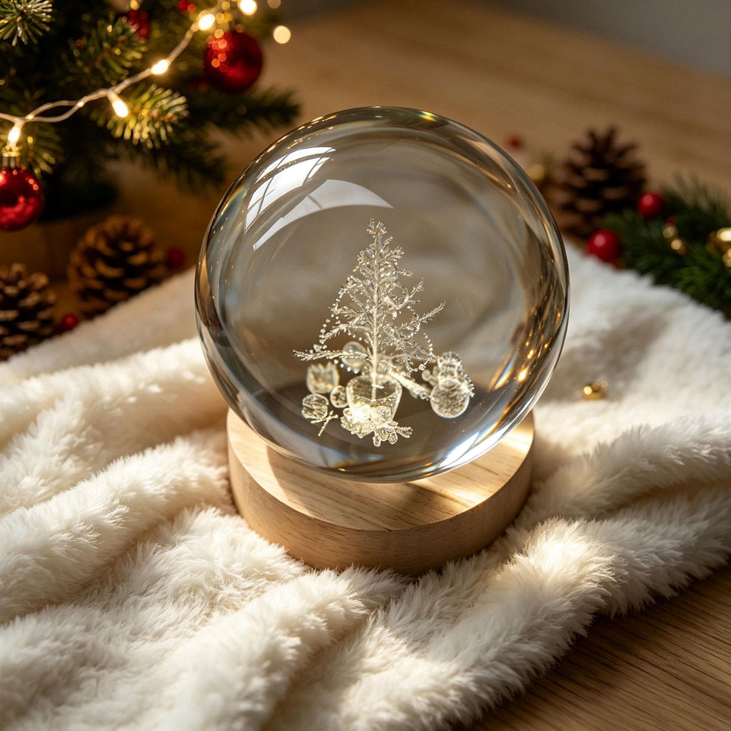 May include: A clear glass sphere containing a laser-etched three-dimensional Christmas tree and small gift boxes inside. The sphere is mounted on a smooth, circular light-colored wooden base, creating a decorative ornament for holiday displays.