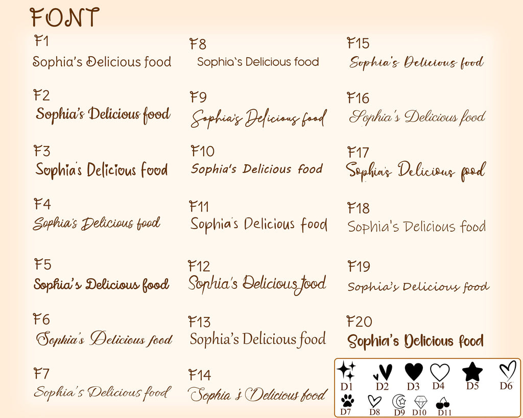 May include: A font selection chart displaying twenty distinct brown text styles labeled F1 through F20, each showing the phrase Sophia's Delicious food. A small box at the bottom right contains eleven black icons labeled D1 through D11, including stars, hearts, a paw print, a moon, a diamond, and cherries.