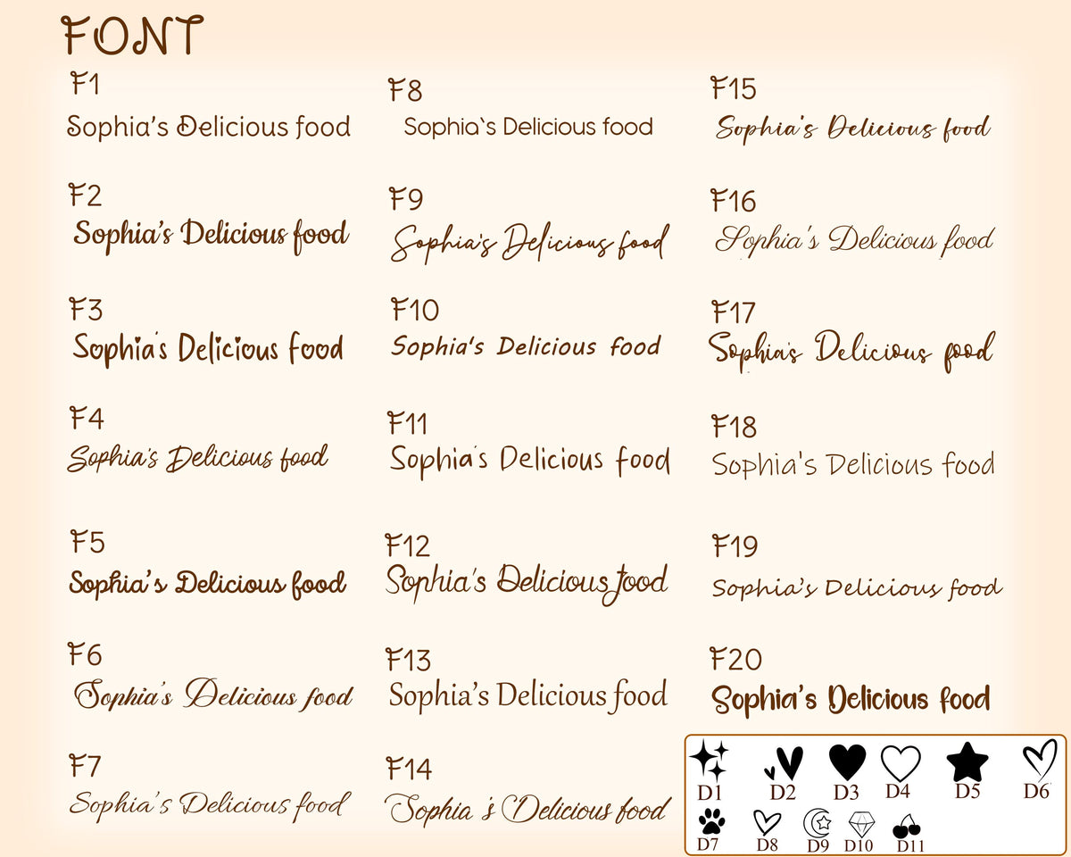 May include: A font selection chart displaying twenty distinct brown text styles labeled F1 through F20, each showing the phrase Sophia's Delicious food. A small box at the bottom right contains eleven black icons labeled D1 through D11, including stars, hearts, a paw print, a moon, a diamond, and cherries.