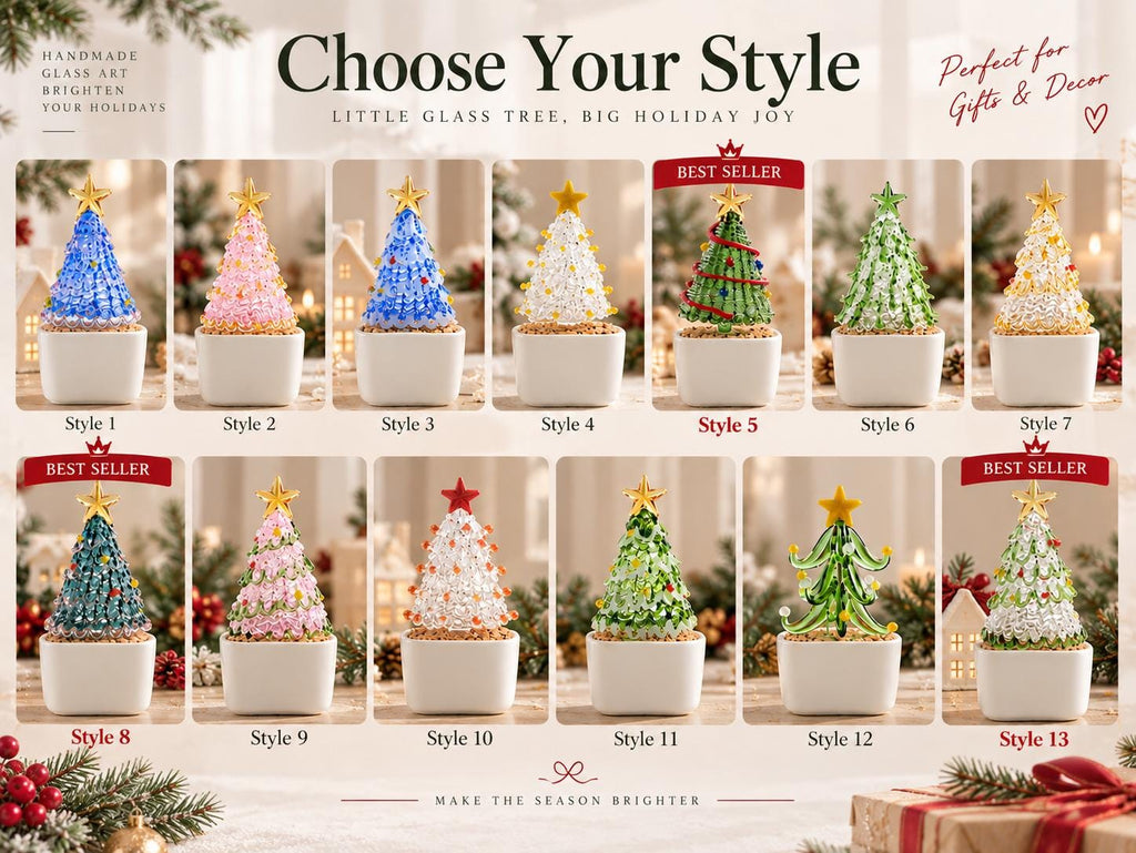 May include: A collection of thirteen miniature glass Christmas trees in various colors and designs, each topped with a star and set in a small white square pot. The trees feature beaded or smooth glass textures, labeled Style 1 through Style 13.