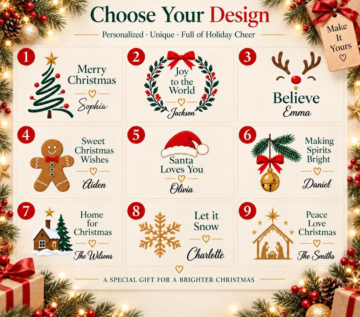 May include: A grid of nine holiday-themed designs labeled one through nine, featuring icons like a Christmas tree, wreath, reindeer, gingerbread man, Santa hat, bell, house, snowflake, and nativity scene with personalized names and festive text.
