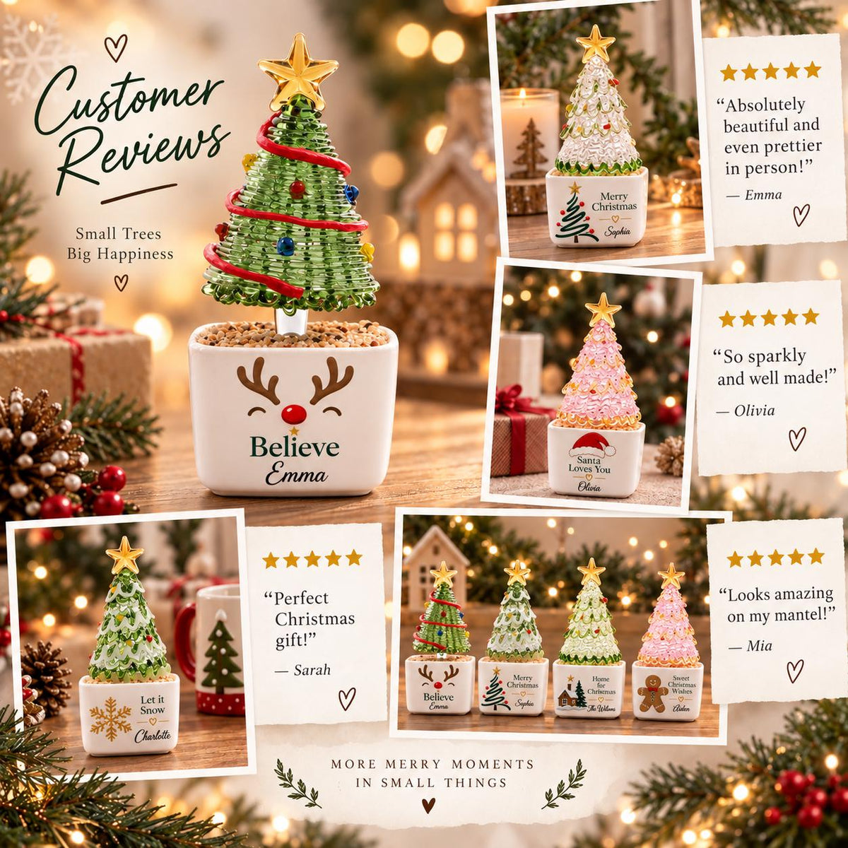May include: A collection of miniature Christmas tree ornaments in white ceramic pots. Each tree features a gold star topper and colorful accents. The pots display various holiday graphics and personalized names, including Believe Emma, Merry Christmas, and Let it Snow.