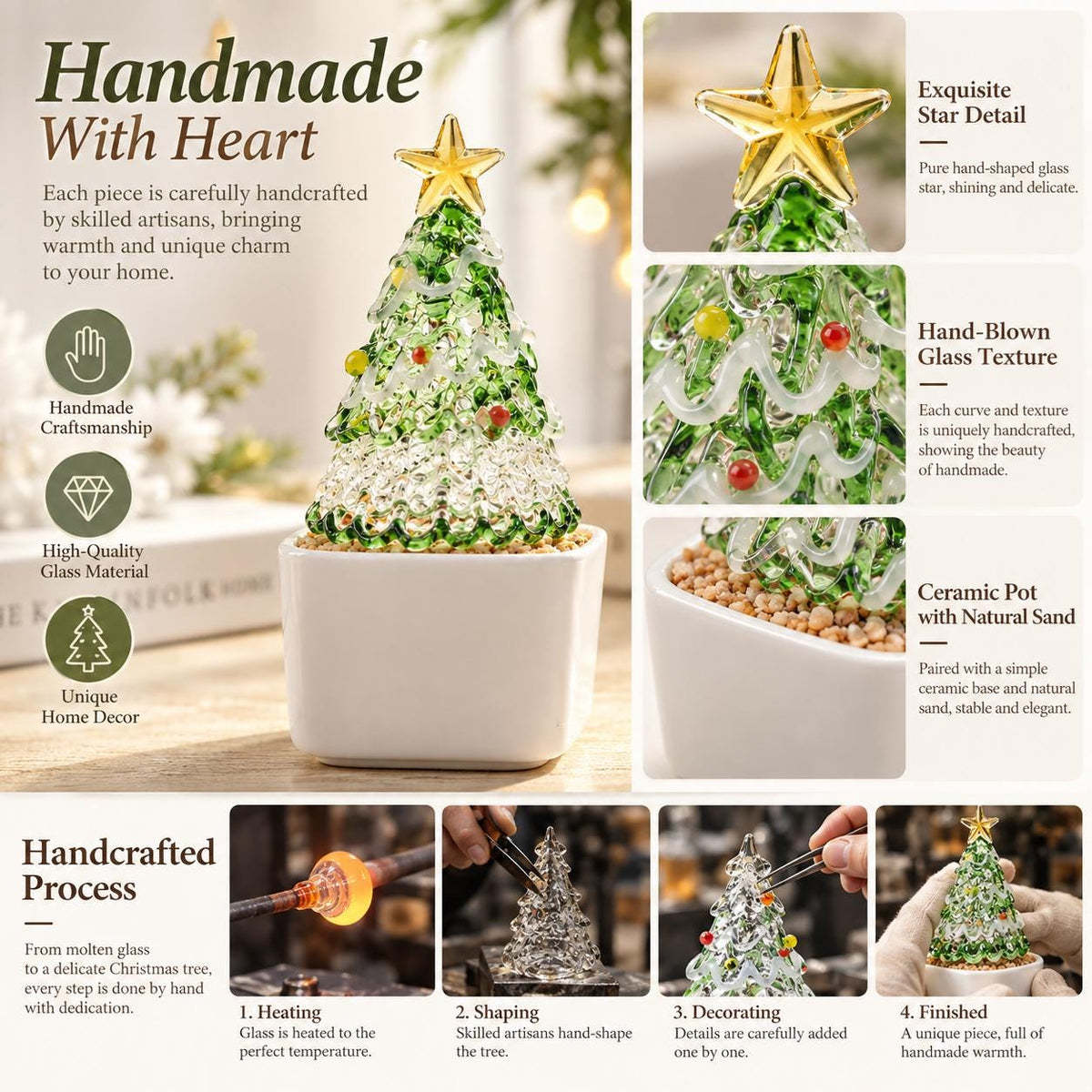 May include: A glass Christmas tree ornament featuring a green and clear textured glass body with small red and yellow glass spheres, topped with a gold glass star, and set in a square white ceramic pot filled with natural tan sand.