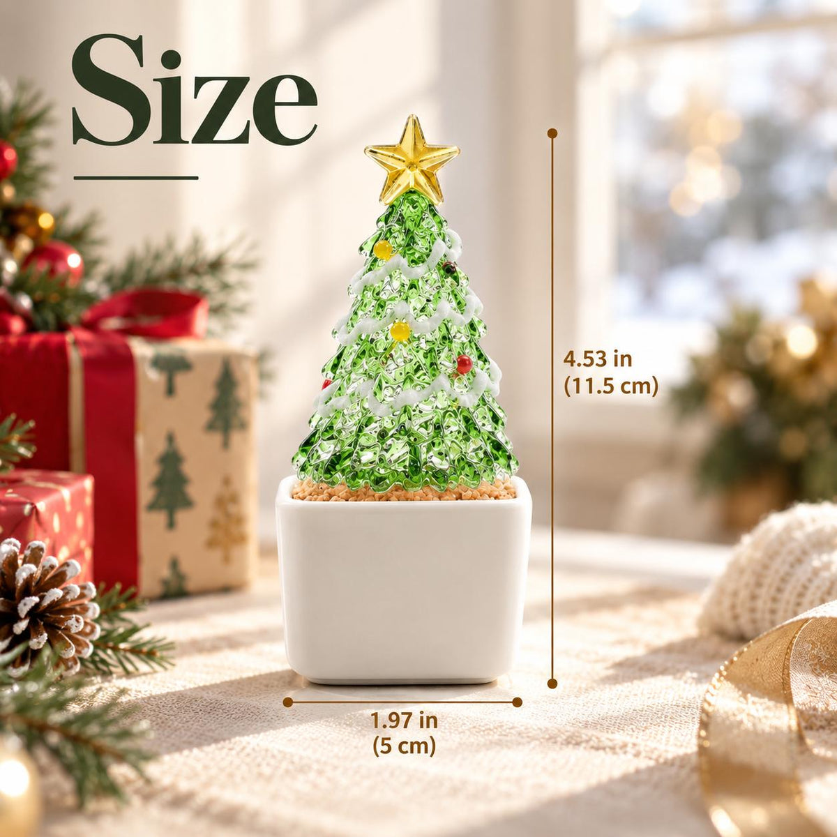 May include: A green glass Christmas tree figurine with a gold star topper, white garland, and colorful ornaments in a white square pot. The tree measures 4.53 inches in height and 1.97 inches in width, as indicated by the text Size on the image.