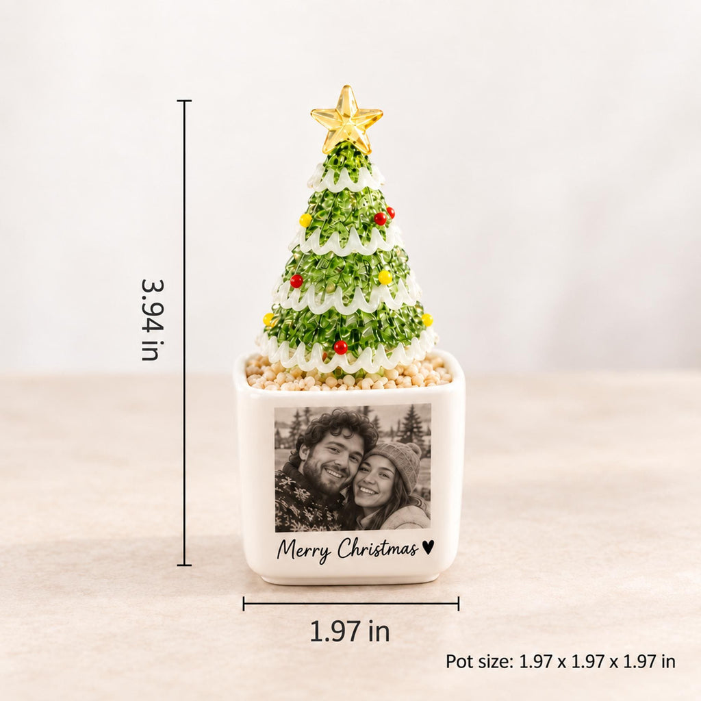 May include: A decorative Christmas tree ornament with a green textured cone, white wavy accents, and a gold star topper, set in a white square pot. The pot features a black and white photo of a couple and the text Merry Christmas with a heart.