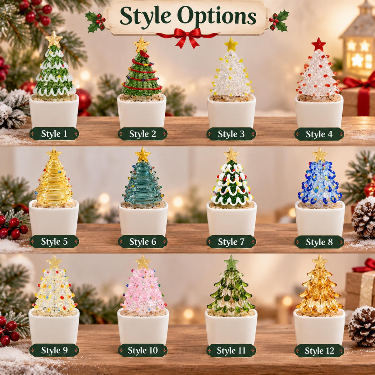 May include: A collection of twelve miniature Christmas tree figurines in white square pots, labeled Style 1 through Style 12. Each tree features distinct colors, textures, and star toppers, ranging from clear glass to green, blue, pink, and gold designs.