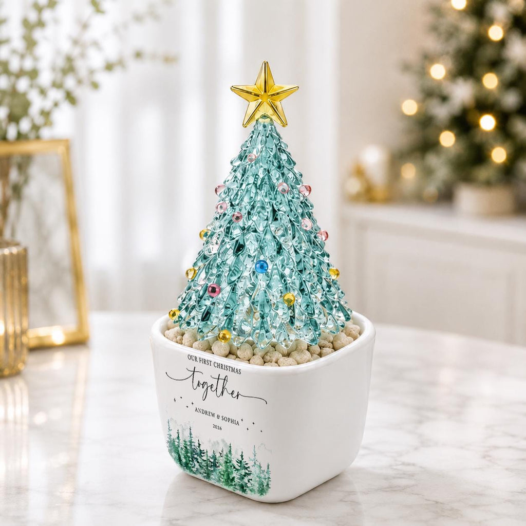 May include: A decorative Christmas tree ornament made of translucent light blue glass shards with small colorful spheres, topped with a gold star. It sits in a white ceramic pot with the text "Our First Christmas Together", "Andrew & Sophia", and "2026" above a green forest graphic.