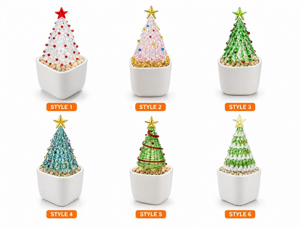 May include: Six miniature Christmas tree ornaments in white square pots, labeled STYLE 1 through STYLE 6. Each tree features a star topper and colorful bead decorations. The trees vary in color, including clear, pink, green, and teal, with textured beadwork.
