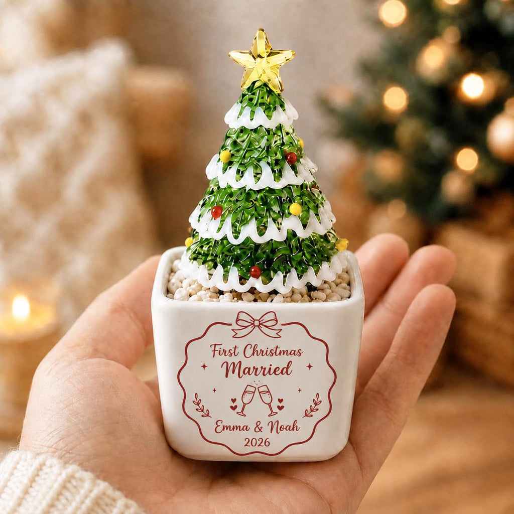 May include: A small decorative Christmas tree ornament in a white square ceramic pot. The tree features green foliage, white snow-like trim, small red and yellow baubles, and a yellow star topper. The pot displays the text First Christmas Married, Emma & Noah, 2026.