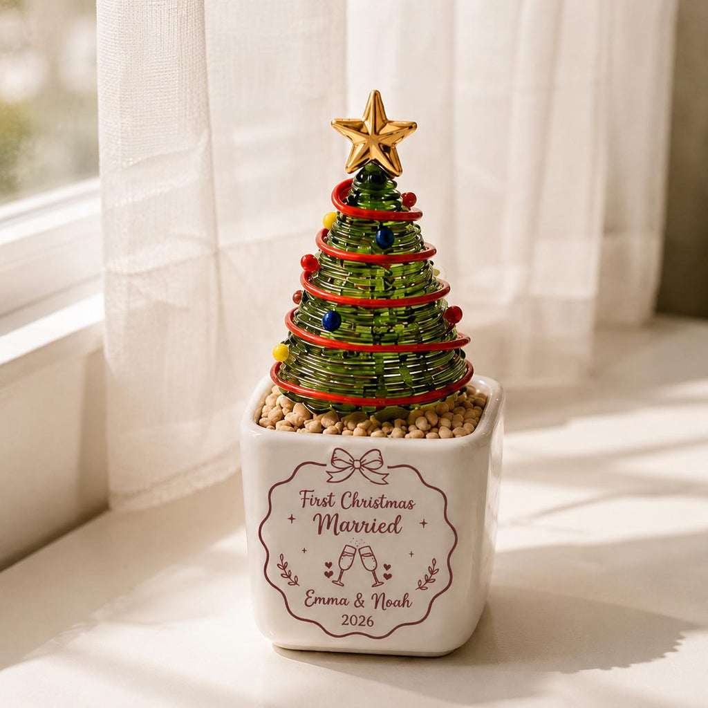 May include: A decorative tabletop Christmas tree made of green wire coils, adorned with a gold star topper and small red, blue, and yellow spheres. It sits in a white square ceramic planter with the text First Christmas Married Emma & Noah 2026.