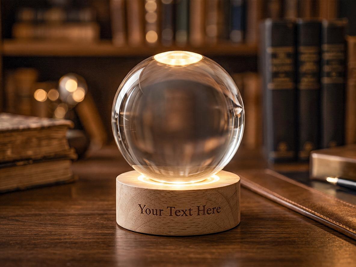 May include: A clear glass sphere resting on a circular light-colored wooden base. The base features the engraved text "Your Text Here" and contains an internal light source that illuminates the sphere from below with a warm glow.