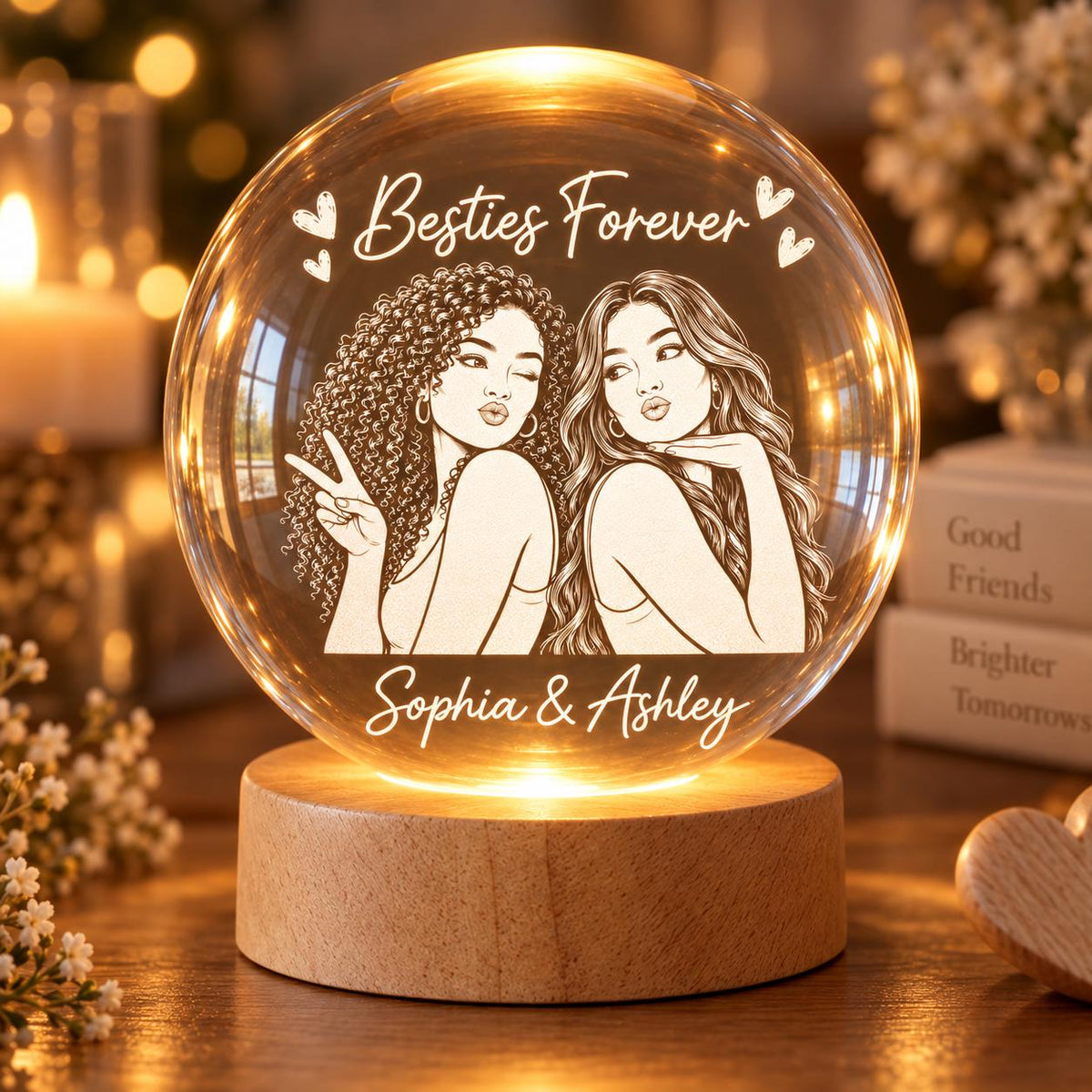 Personalized Crystal Ball Lamp, Besties Forever Custom Gift, Friendship Keepsake for Her, BFF Gift from Friend, Cozy Room Decor ttnt2488
