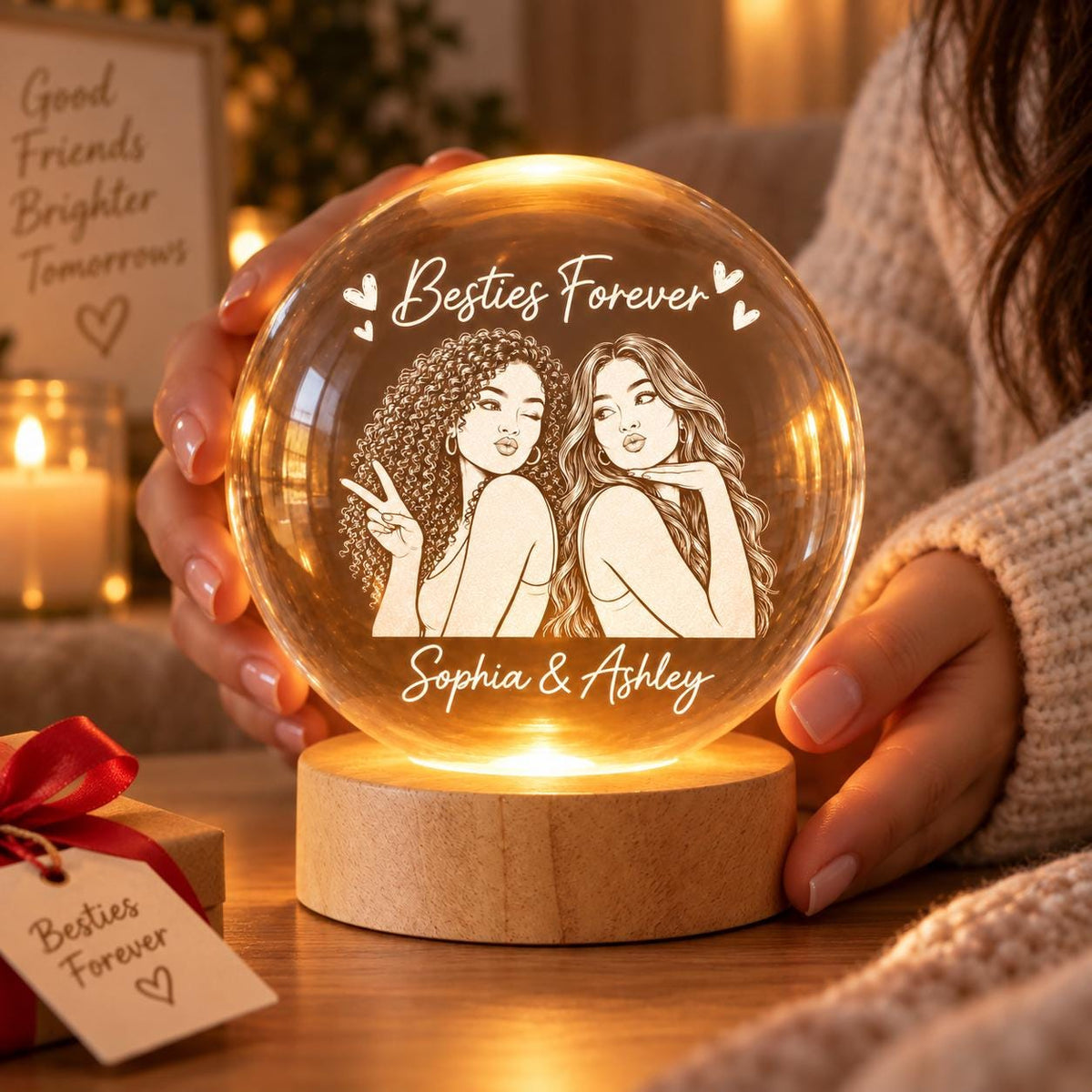 Personalized Crystal Ball Lamp, Besties Forever Custom Gift, Friendship Keepsake for Her, BFF Gift from Friend, Cozy Room Decor ttnt2488