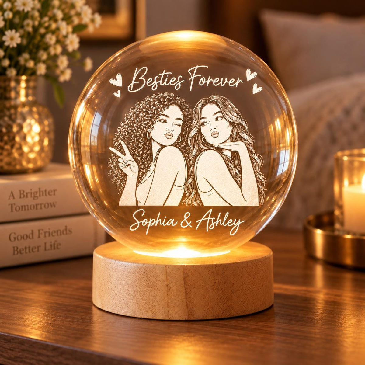 Personalized Crystal Ball Lamp, Besties Forever Custom Gift, Friendship Keepsake for Her, BFF Gift from Friend, Cozy Room Decor ttnt2488