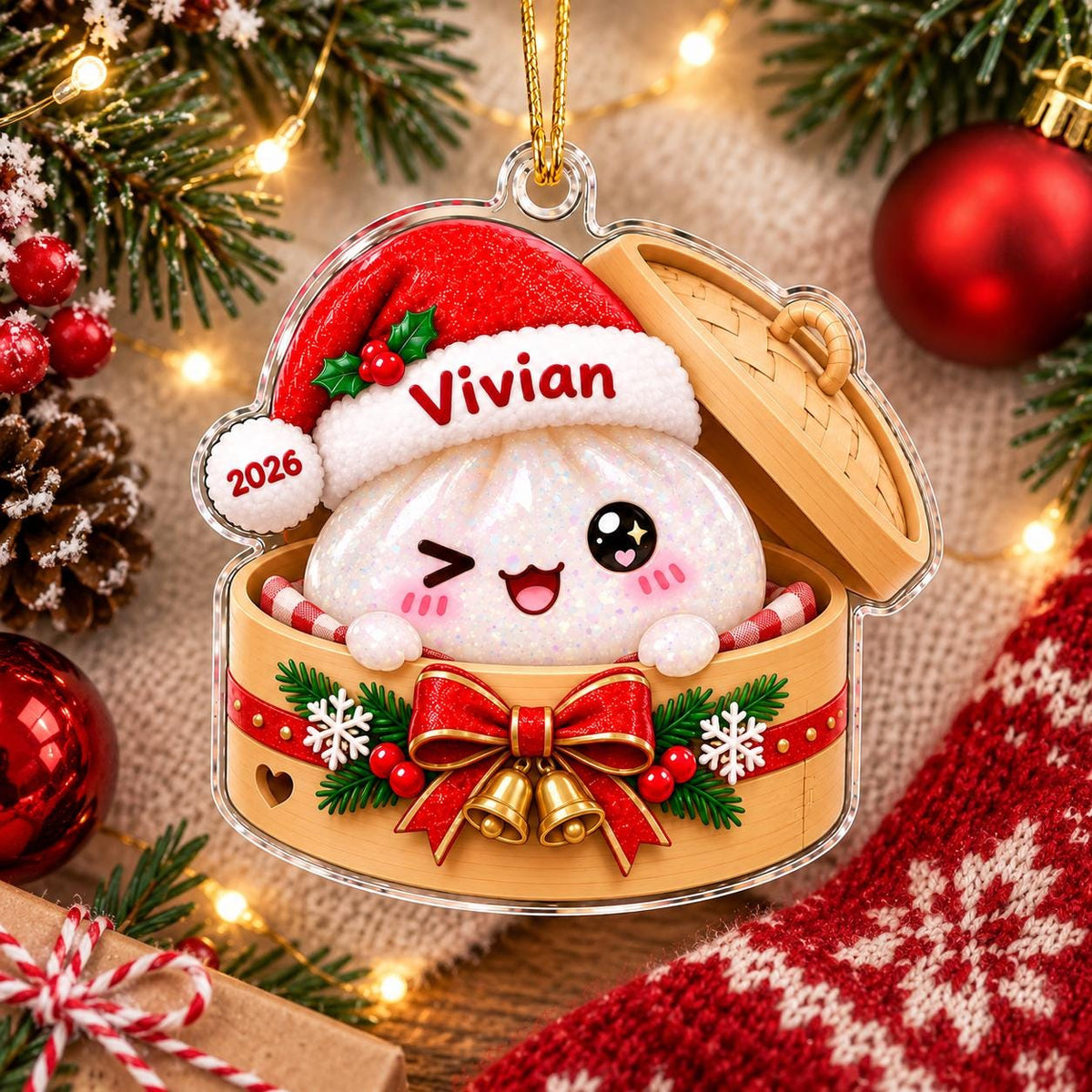 Personalized Cute Dumpling Christmas Ornament, Squishy Dumpling Acrylic Custom Name Ornament, Dumpling Lover Gift, Kids Christmas Gift
