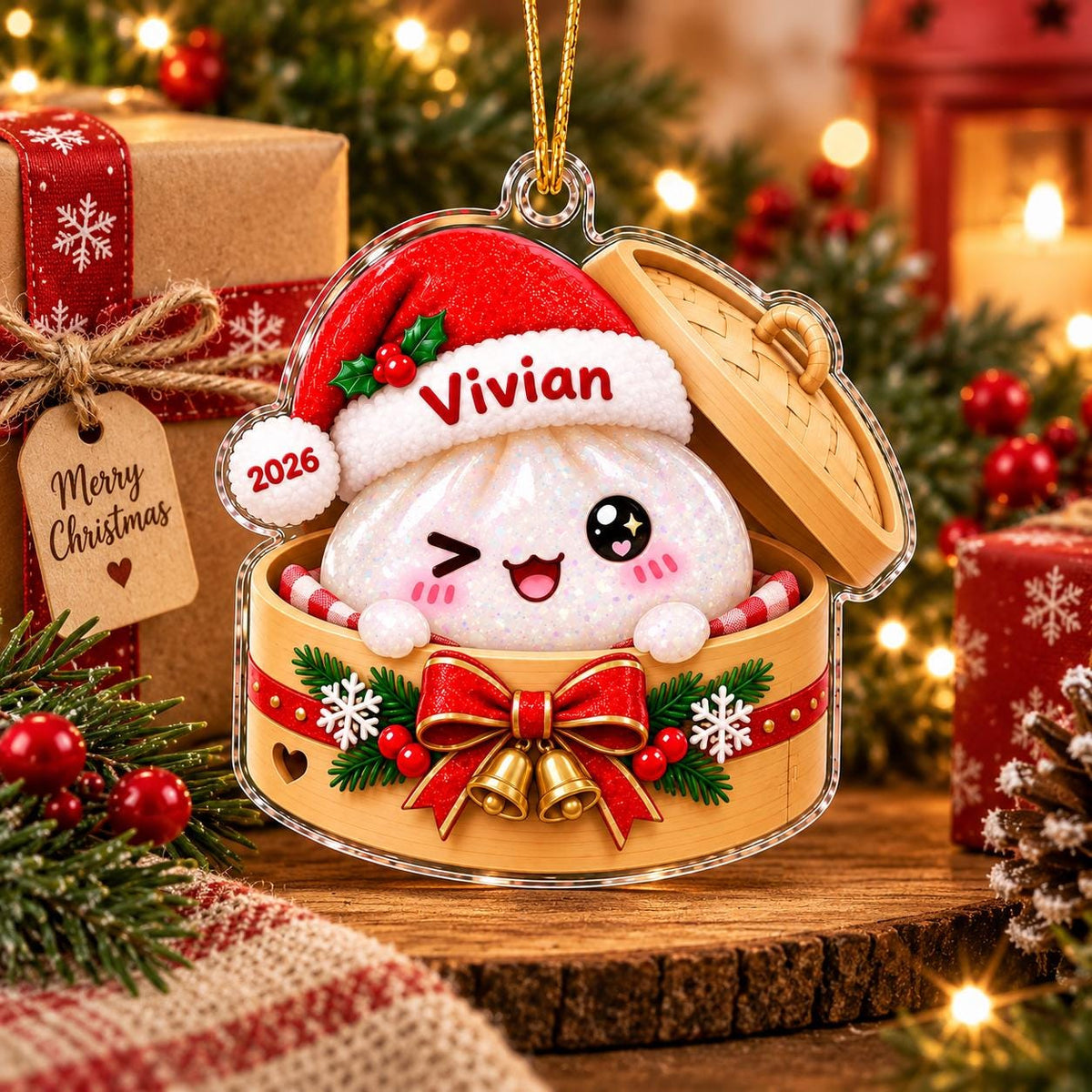 Personalized Cute Dumpling Christmas Ornament, Squishy Dumpling Acrylic Custom Name Ornament, Dumpling Lover Gift, Kids Christmas Gift