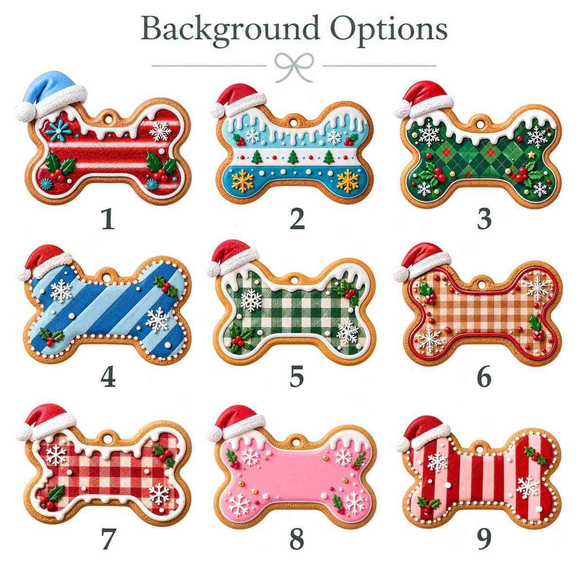 May include: Nine bone-shaped ornaments labeled 1 through 9, each featuring a Santa hat and icing details. Designs include red stripes, blue patterns, green plaid, blue diagonal stripes, green gingham, tan plaid, red gingham, pink, and red stripes with snowflakes.