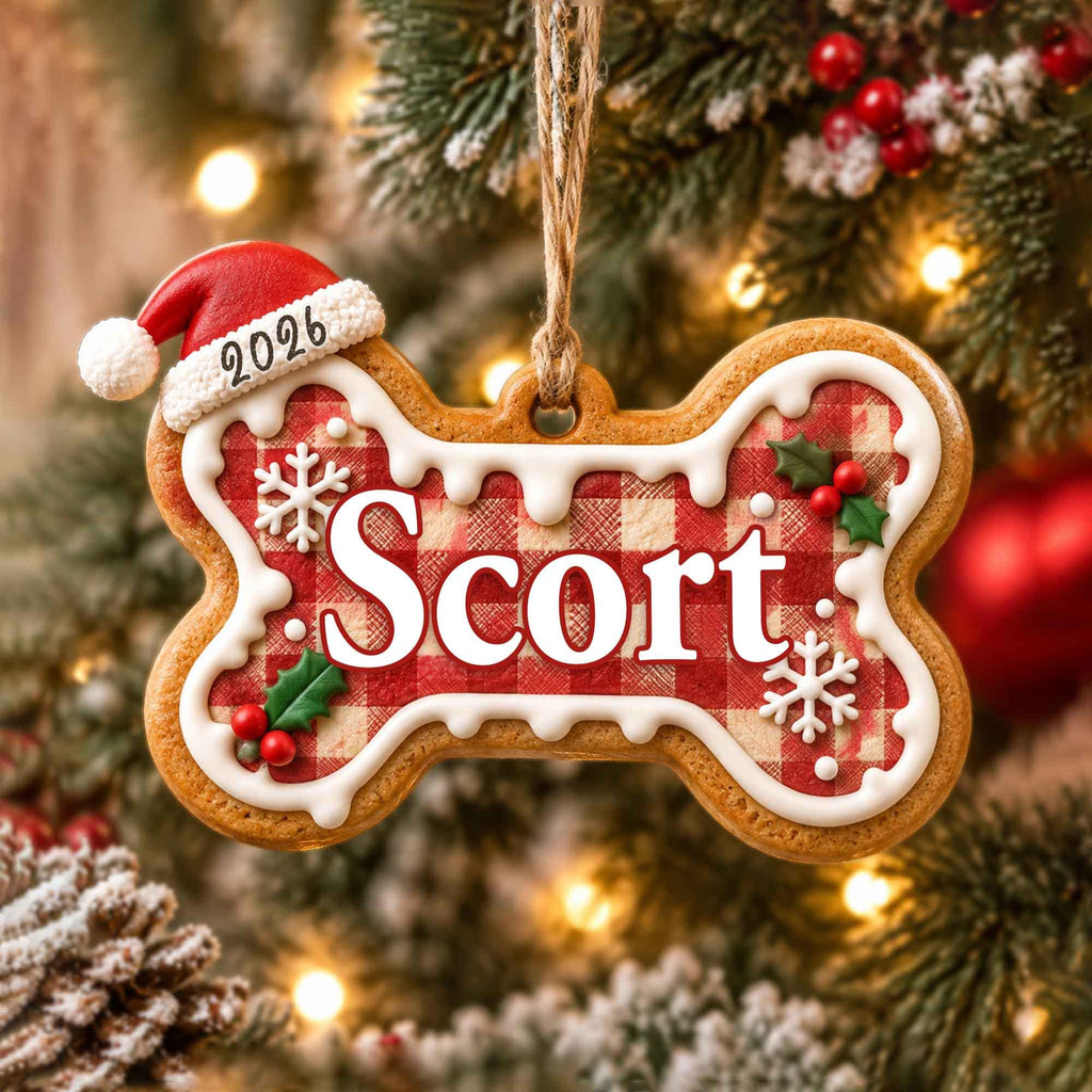 May include: A bone-shaped Christmas ornament with a red and white plaid pattern, white icing trim, and the name Scort in white lettering. It features a red Santa hat with the year 2026, white snowflakes, and green holly leaves with red berries.