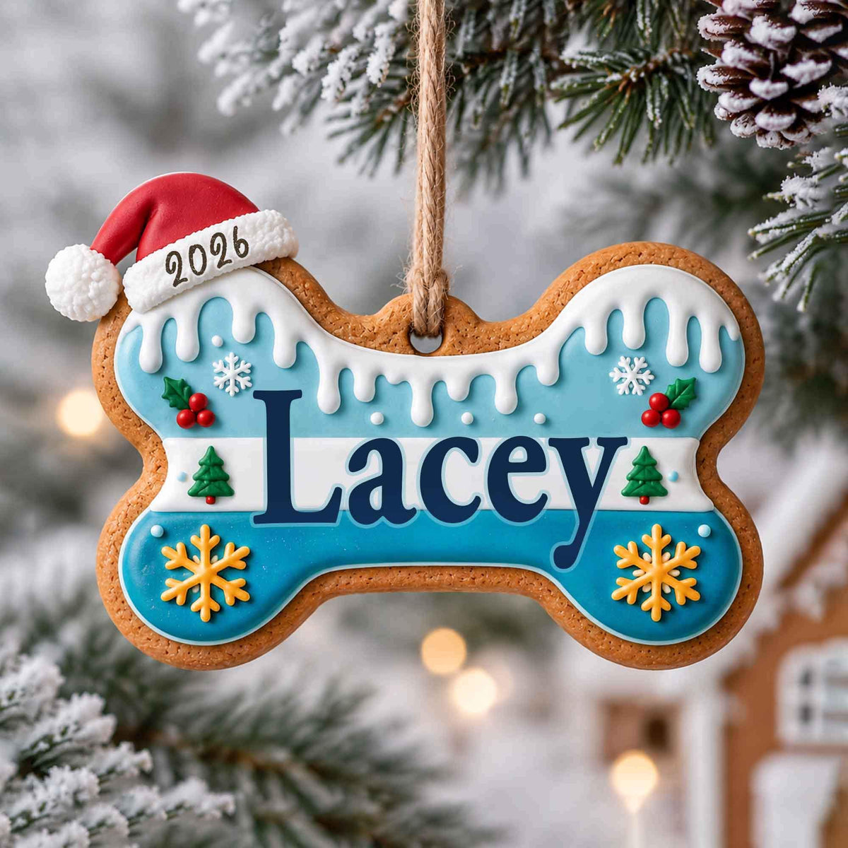 May include: A bone-shaped Christmas ornament with a brown cookie-like texture, featuring a blue and white center with the name Lacey in dark blue text. It includes a red Santa hat with the year 2026, white icing details, snowflakes, and trees.