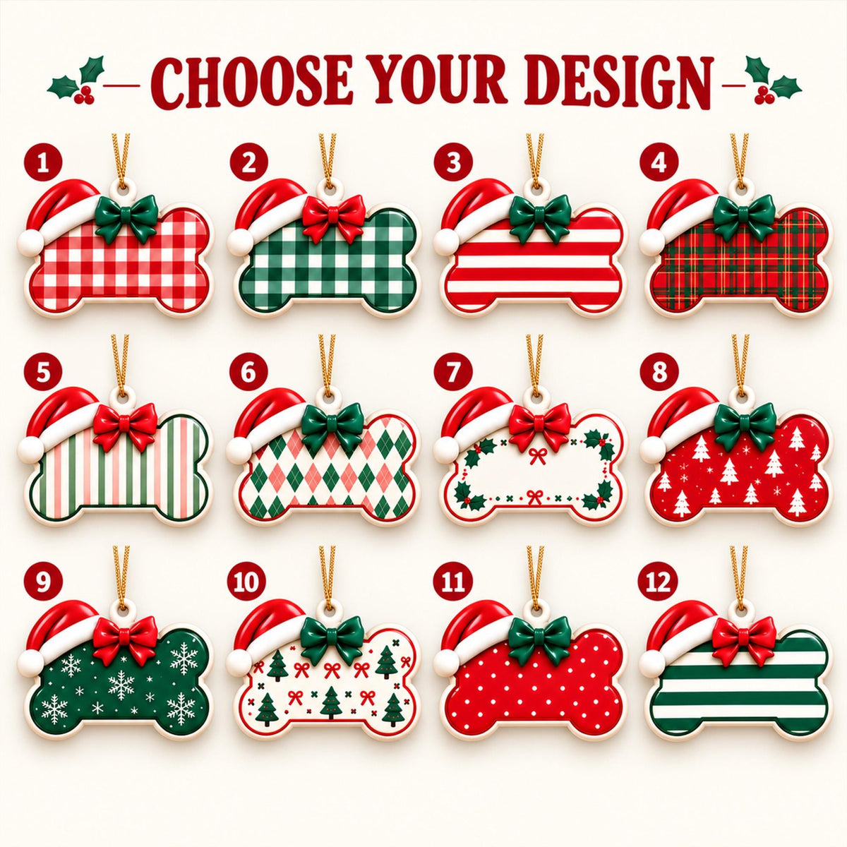 May include: A collection of twelve bone-shaped Christmas ornaments labeled one through twelve, each featuring a Santa hat and a bow. The designs include red and green plaid, stripes, polka dots, snowflakes, and Christmas tree patterns.