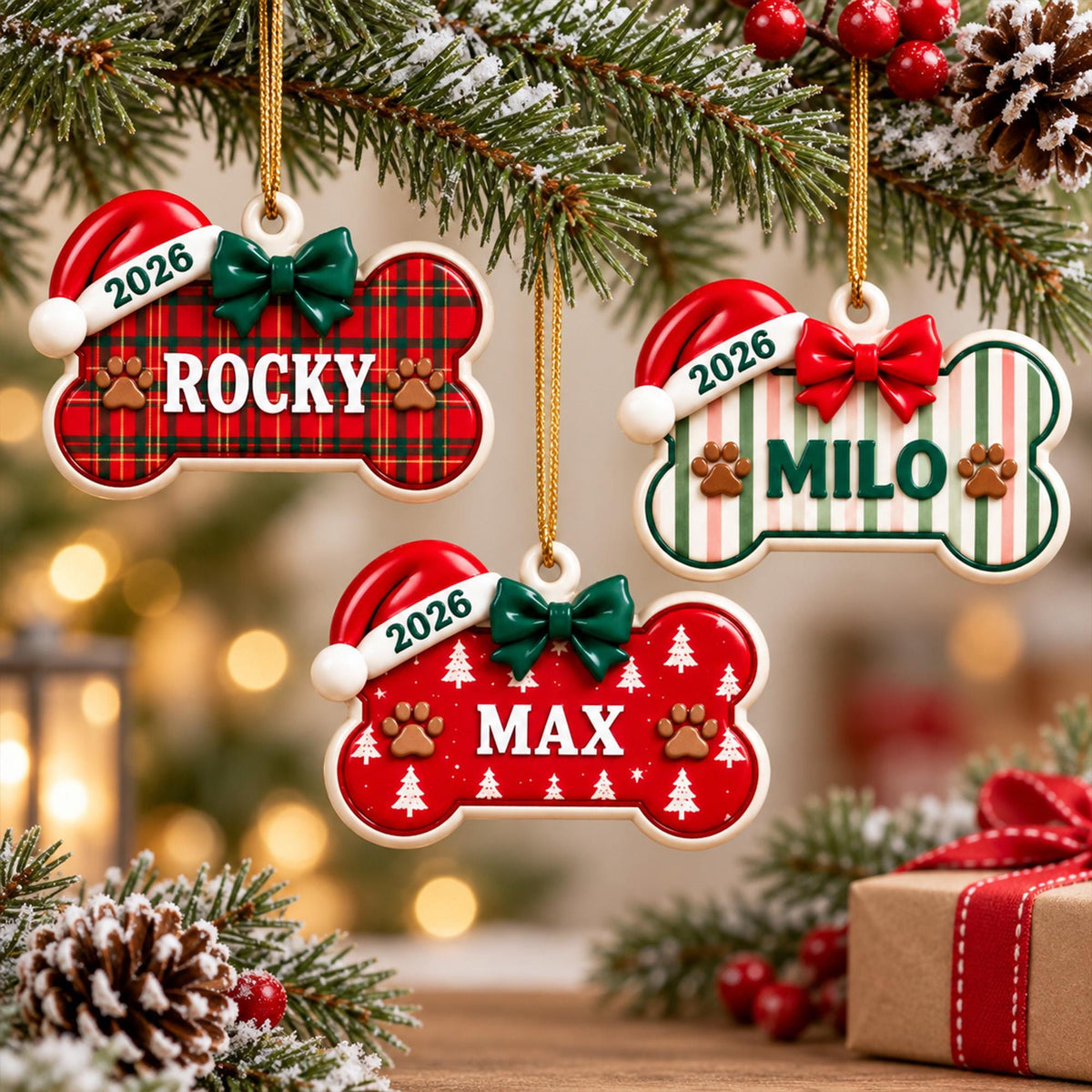 May include: Three bone-shaped Christmas ornaments hanging from a tree. Each ornament features a Santa hat, a bow, the year 2026, and a name: Rocky on a red plaid background, Milo on a striped background, and Max on a red background with white trees.