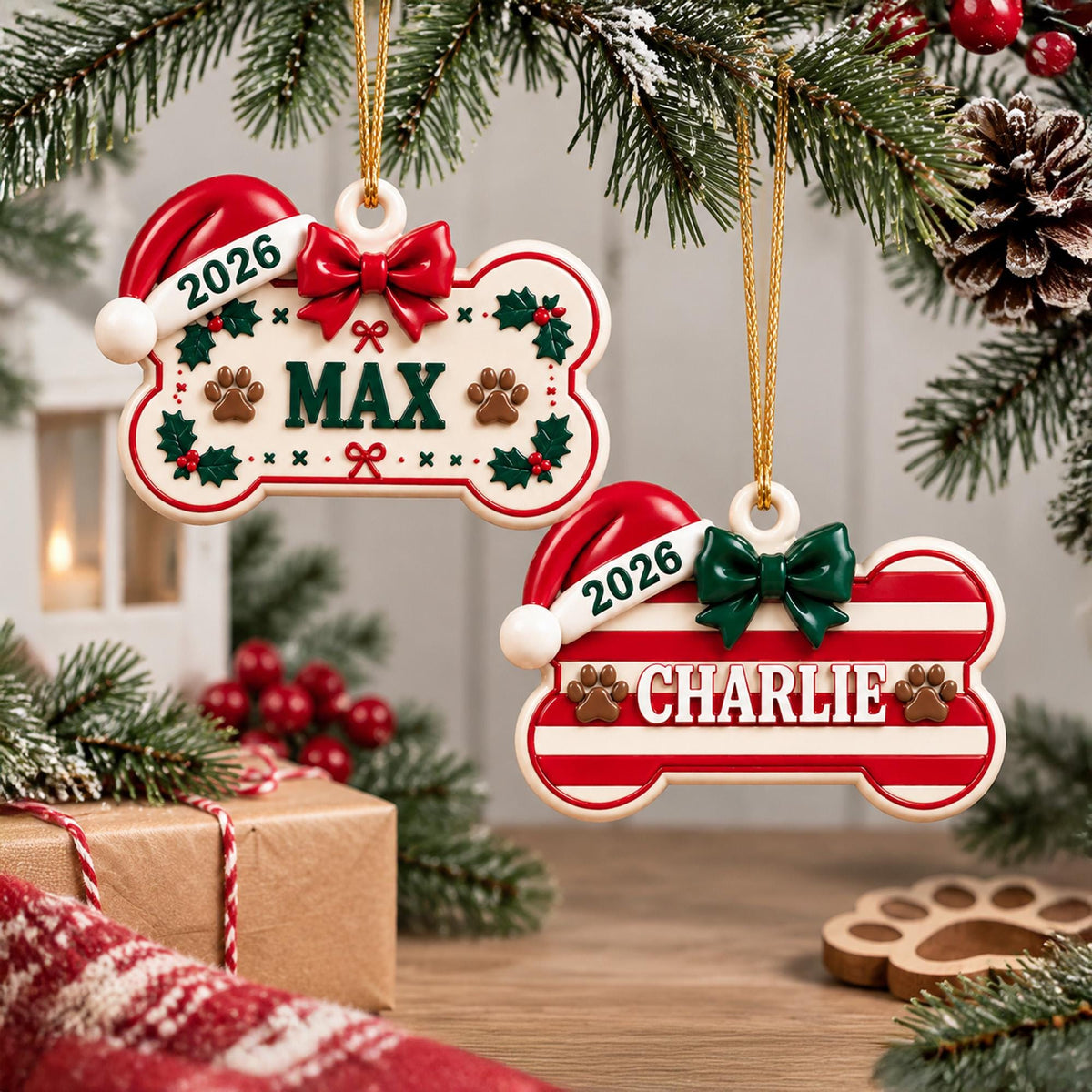 May include: Two bone-shaped Christmas ornaments hanging from a tree. One is cream with green holly, a red bow, and the name MAX. The other has red and white stripes, a green bow, and the name CHARLIE. Both feature a Santa hat and the year 2026.