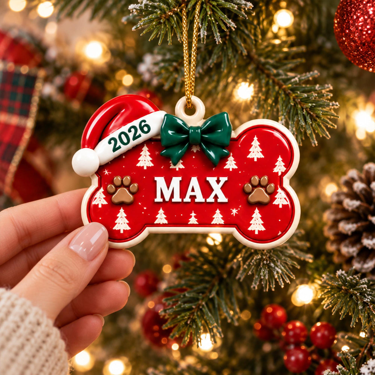 May include: A bone-shaped Christmas ornament featuring a red background with white pine tree patterns, two brown paw prints, and the name MAX in white letters. It includes a red Santa hat with the year 2026 and a green bow, hanging by a gold cord.