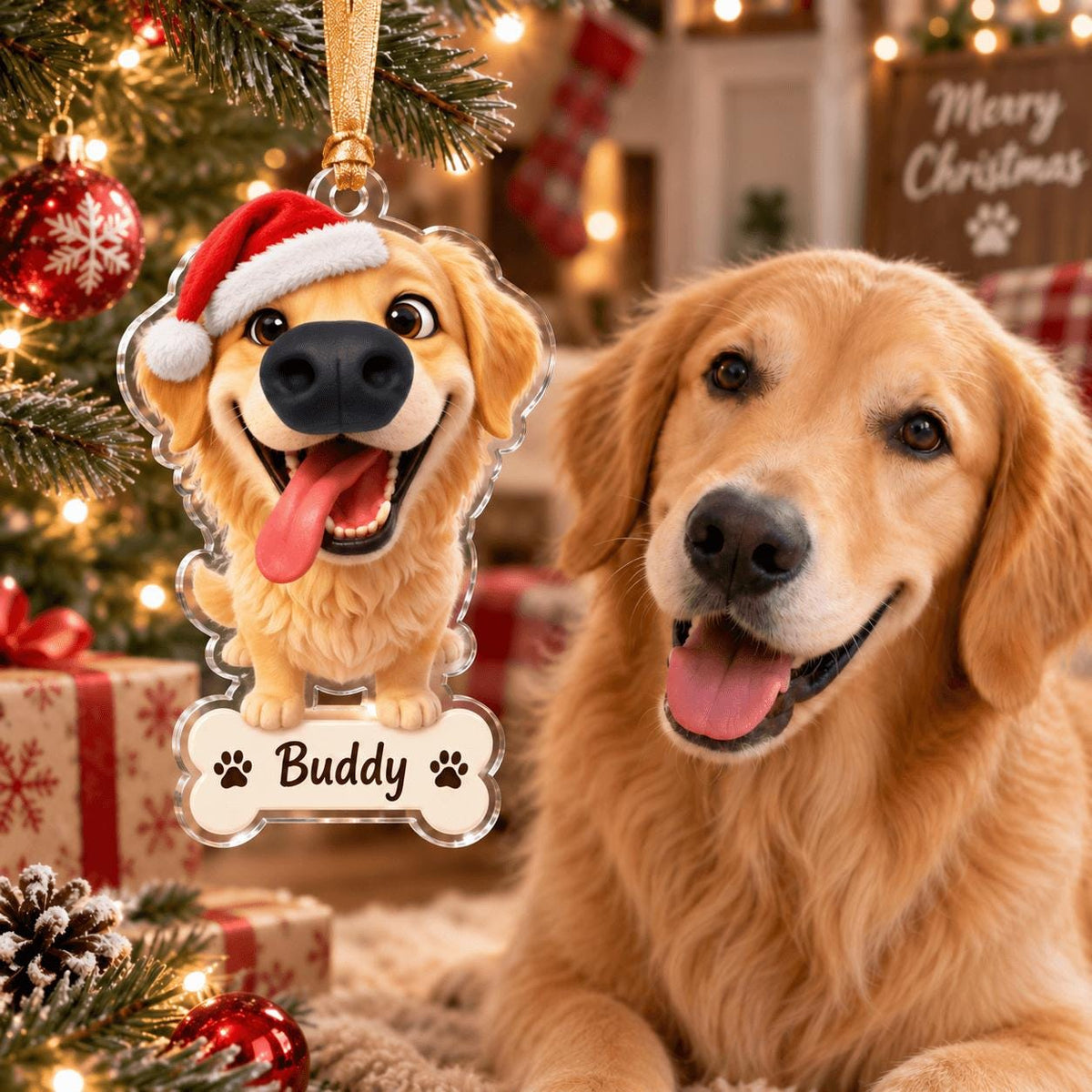 May include: A clear acrylic Christmas ornament shaped like a golden retriever wearing a red and white Santa hat. The dog has a large black nose and a pink tongue hanging out. Below the dog is a white bone-shaped tag with the name Buddy printed.